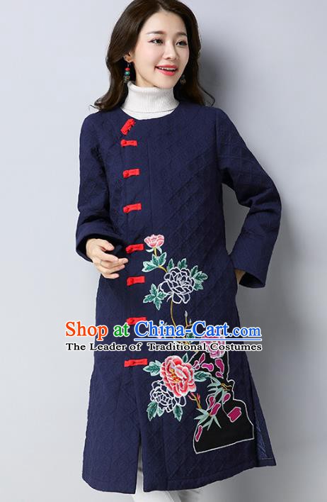 Traditional Chinese National Costume Hanfu Navy Embroidered Dust Coat, China Tang Suit Outer Garment Coat for Women