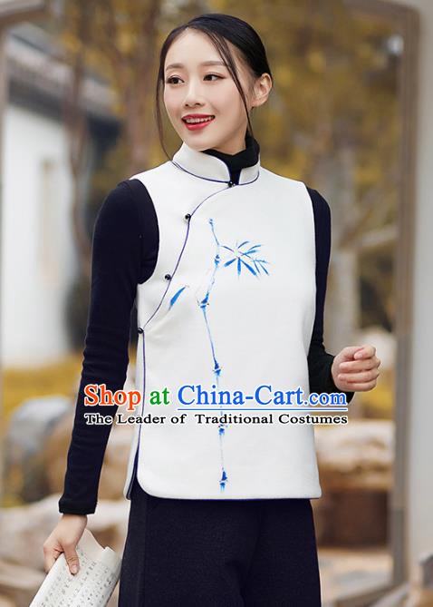 Traditional Chinese National Costume Hanfu Printing Bamboo White Vests, China Tang Suit Waistcoat for Women