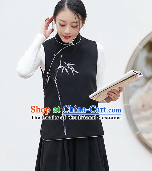 Traditional Chinese National Costume Hanfu Printing Bamboo Black Vests, China Tang Suit Waistcoat for Women