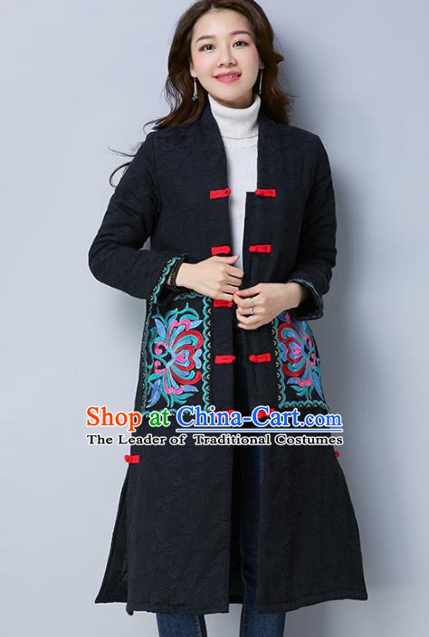 Traditional Chinese National Costume Hanfu Embroidered Black Dust Coat, China Tang Suit Coat for Women