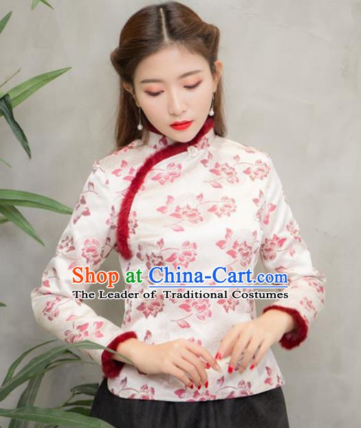 Traditional Chinese National Costume Hanfu Printing Pink Blouse, China Tang Suit Cheongsam Upper Outer Garment Shirt for Women