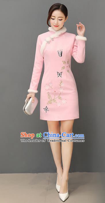 Traditional Chinese National Costume Hanfu Painting Butterfly Pink Qipao, China Tang Suit Cheongsam Dress for Women