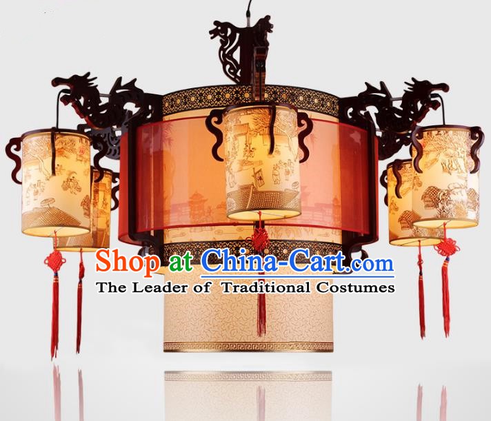 Traditional Chinese Handmade Dragons Head Lantern Classical Wood Carving Palace Lantern China Ceiling Palace Lamp