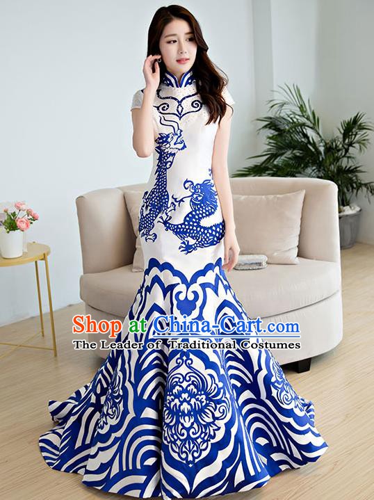 Chinese Style Wedding Catwalks Costume Wedding Bride Embroidered Trailing Full Dress Blue and White Porcelain Cheongsam for Women