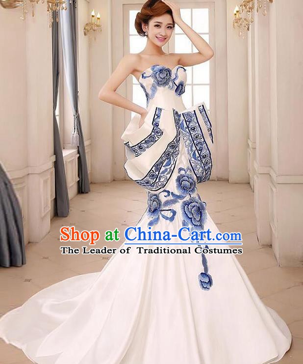 Chinese Style Wedding Catwalks Costume Wedding Bride Embroidered Peony Trailing Full Dress Blue and White Porcelain Cheongsam for Women