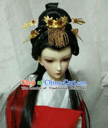 Traditional Handmade Chinese Tang Dynasty Princess Wig Sheath and Hair Accessories Headwear for Women