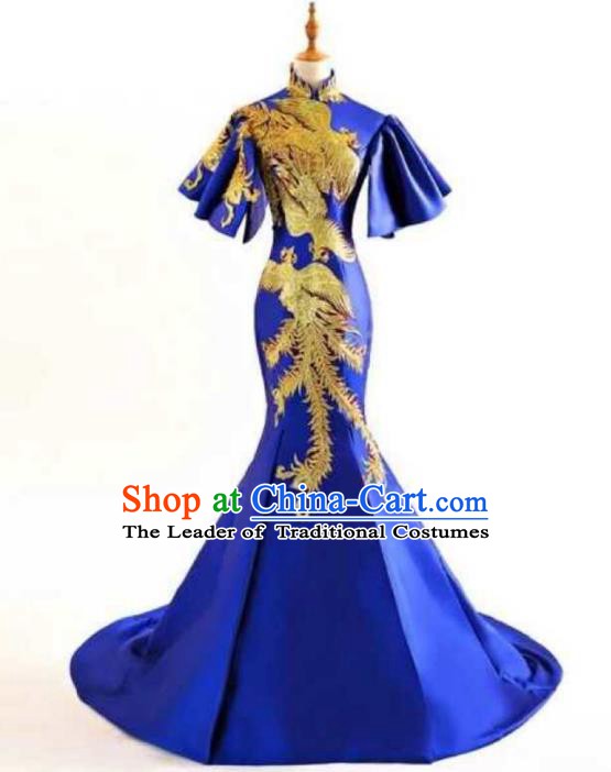 Chinese Style Wedding Catwalks Costume Wedding Trailing Blue Full Dress Compere Embroidered Cheongsam for Women
