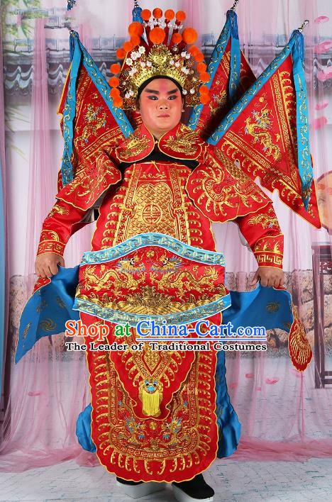 Chinese Beijing Opera General Red Embroidered Costume, China Peking Opera Military Officer Embroidery Gwanbok Clothing