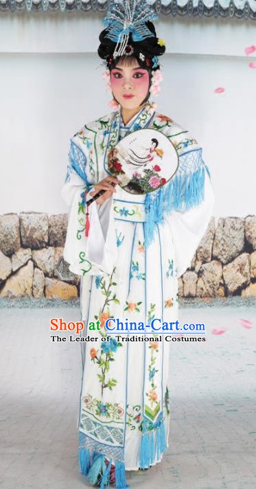 Chinese Beijing Opera Nobility Lady Princess Embroidered White Costume, China Peking Opera Actress Embroidery Clothing