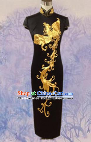 Traditional Chinese National Costume Black Mandarin Qipao, Tang Suit Embroidered Phoenix Chirpaur Silk Cheongsam Clothing for Women