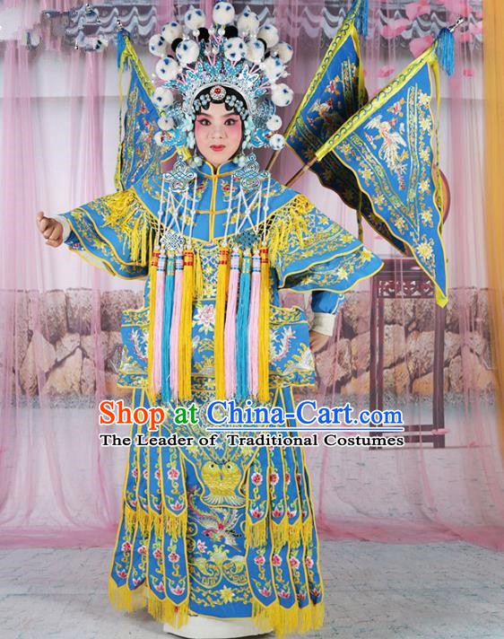 Chinese Beijing Opera Female Swordplay Blue Embroidered Costume, China Peking Opera Blues Embroidery Gwanbok Clothing