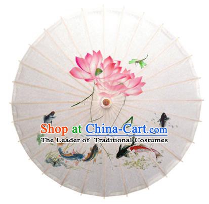 Asian China Dance Umbrella Stage Performance Umbrella Hand Painting Lotus Fish White Oil-paper Umbrellas
