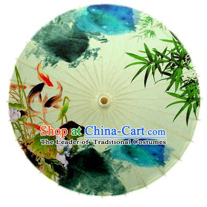 Asian China Dance Umbrella Stage Performance Umbrella Hand Ink Painting Fish Bamboo Green Oil-paper Umbrellas