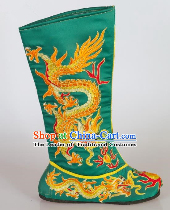 Chinese Beijing Opera Emperor Green Embroidered Boots, China Peking Opera Takefu Embroidery Dragons Shoes