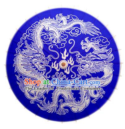 China Traditional Dance Handmade Umbrella Painting Dragon Blue Oil-paper Umbrella Stage Performance Props Umbrellas