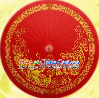 China Traditional Dance Handmade Umbrella Printing Dragon Phoenix Red Oil-paper Umbrella Stage Performance Props Umbrellas