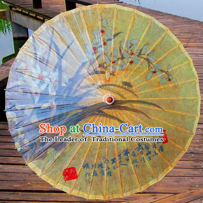 China Traditional Dance Handmade Umbrella Painting Orchid Yellow Oil-paper Umbrella Stage Performance Props Umbrellas