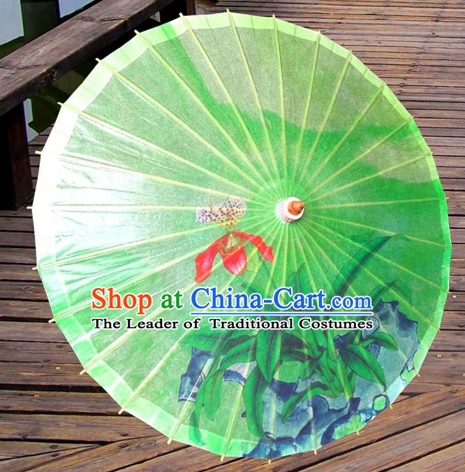 China Traditional Dance Handmade Umbrella Painting Phalaenopsis Green Oil-paper Umbrella Stage Performance Props Umbrellas