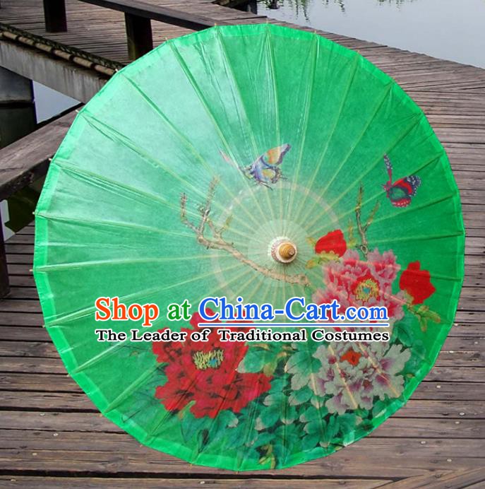 Handmade China Traditional Folk Dance Umbrella Painting Peony Green Oil-paper Umbrella Stage Performance Props Umbrellas