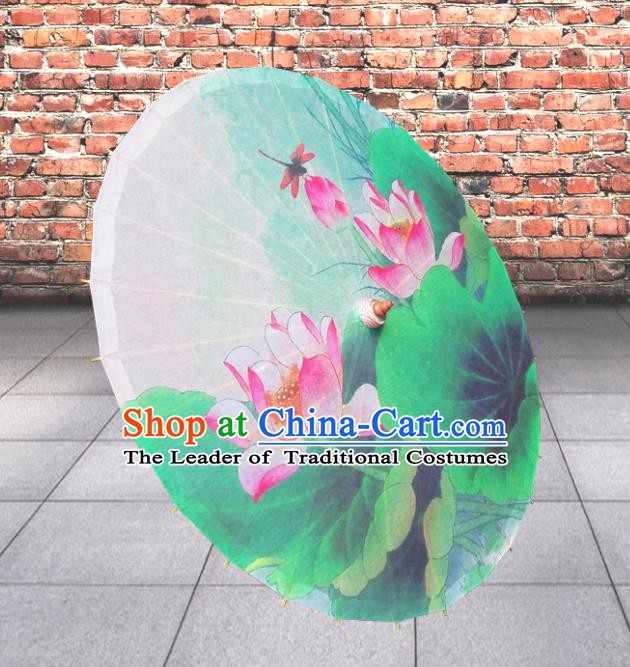 Handmade China Traditional Folk Dance Umbrella Painting Lotus Green Oil-paper Umbrella Stage Performance Props Umbrellas