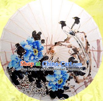 Handmade China Traditional Dance Umbrella Classical Painting Blue Peony Flowers Oil-paper Umbrella Stage Performance Props Umbrellas