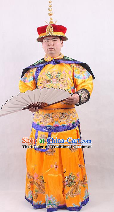 Chinese Beijing Opera Qing Dynasty Emperor Costume Yellow Embroidered Robe, China Manchu Majesty Embroidery Clothing