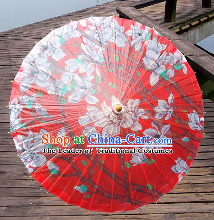 Handmade China Traditional Folk Dance Umbrella Painting Magnolia Red Oil-paper Umbrella Stage Performance Props Umbrellas