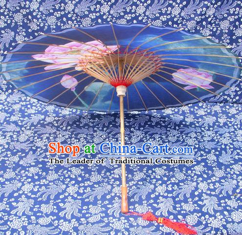 Handmade China Traditional Folk Dance Umbrella Ink Painting Lotus Blue Oil-paper Umbrella Stage Performance Props Umbrellas