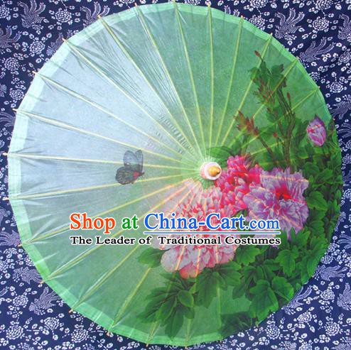 Handmade China Traditional Folk Dance Umbrella Painting Peony Flowers Green Oil-paper Umbrella Stage Performance Props Umbrellas