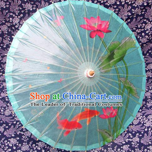 Handmade China Traditional Folk Dance Umbrella Painting Lotus Fishes Blue Oil-paper Umbrella Stage Performance Props Umbrellas