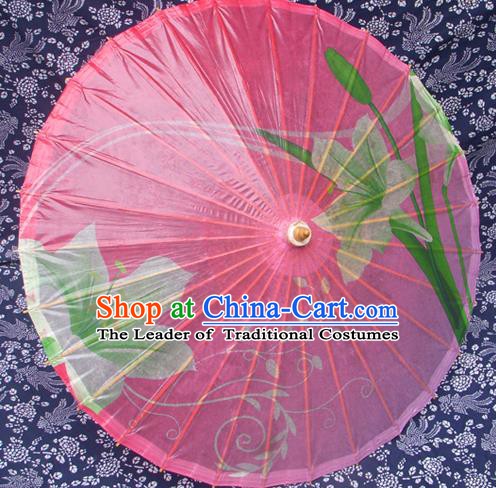 Handmade China Traditional Folk Dance Umbrella Painting Greenish Lily Flower Pink Oil-paper Umbrella Stage Performance Props Umbrellas