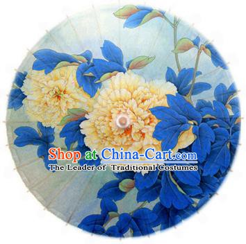 China Traditional Folk Dance Umbrella Hand Painting Peony Flowers Blue Oil-paper Umbrella Stage Performance Props Umbrellas