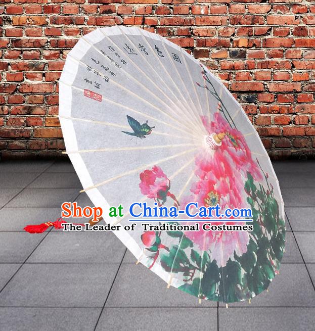 China Traditional Folk Dance Paper Umbrella Hand Painting Peony Flowers White Oil-paper Umbrella Stage Performance Props Umbrellas