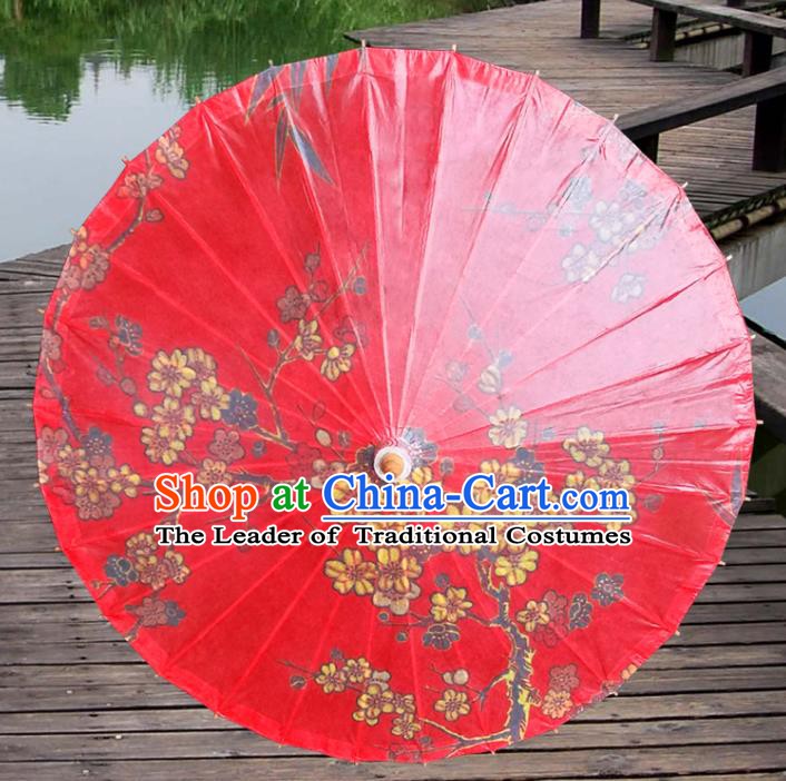 Handmade China Traditional Folk Dance Umbrella Ink Painting Plum Blossom Red Oil-paper Umbrella Stage Performance Props Umbrellas