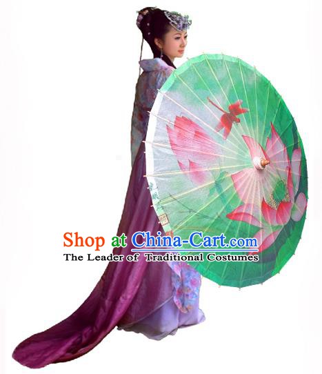 Handmade China Traditional Folk Dance Umbrella Stage Performance Props Umbrellas Painting Lotus Green Oil-paper Umbrella