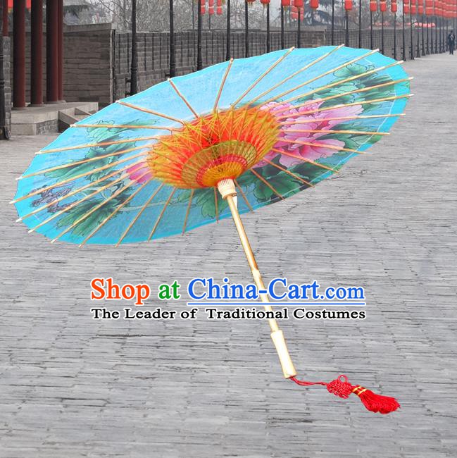 Handmade China Traditional Folk Dance Umbrella Stage Performance Props Umbrellas Printing Peony Blue Oil-paper Umbrella