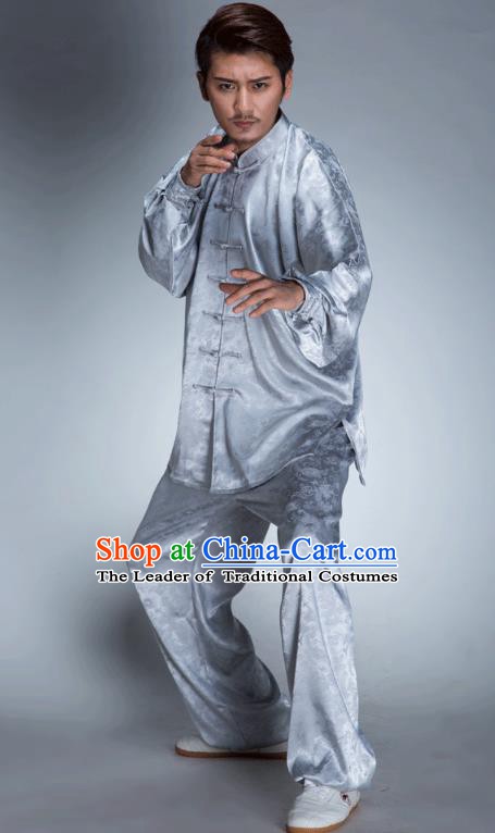 Top Grade Chinese Kung Fu Costume, China Martial Arts Tai Ji Training Grey Uniform Gongfu Shaolin Wushu Clothing for Men