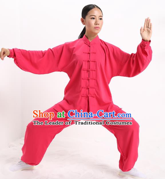Top Grade Chinese Kung Fu Plated Buttons Costume, China Martial Arts Peach Pink Uniform Tai Ji Wushu Clothing for Women