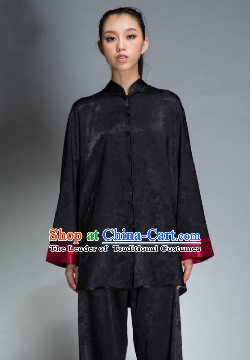Top Grade Chinese Kung Fu Plated Buttons Black Dragon Pattern Costume, China Martial Arts Uniform Tai Ji Wushu Clothing for Women