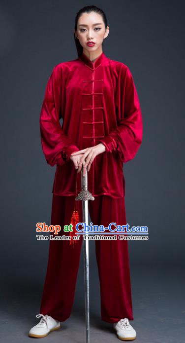 Top Grade Chinese Kung Fu Plated Buttons Costume Red Pleuche Martial Arts Uniform, China Tai Ji Wushu Clothing for Women