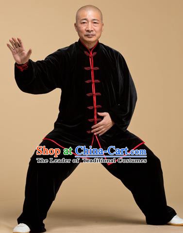 Top Grade Chinese Kung Fu Costume Tai Ji Training Black Pleuche Uniform, China Martial Arts Gongfu Clothing for Men