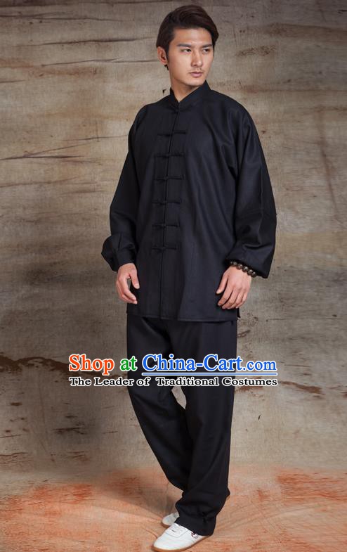 Top Grade Chinese Kung Fu Costume Tai Ji Training Black Uniform, China Martial Arts Gongfu Clothing for Men