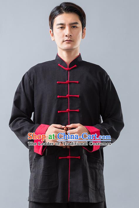 Top Grade Chinese Kung Fu Black Linen Costume Tai Ji Training Uniform, China Martial Arts Tang Suit Gongfu Clothing for Men