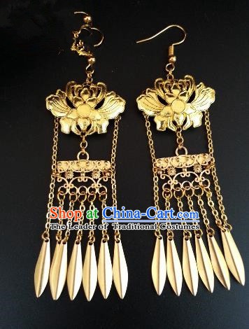 Traditional Handmade Chinese Ancient Princess Hanfu Golden Lotus Tassel Eardrop Accessories Classical Earrings for Women