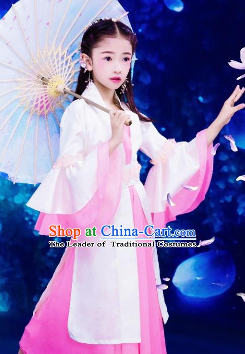 Chinese Ancient Children Princess Embroidered Costume, China Tang Dynasty Fairy Clothing for Kids
