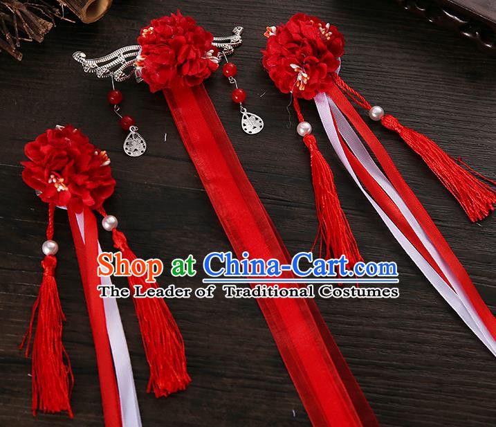 Handmade Asian Chinese Classical Hair Accessories Ancient Red Silk Flower Hairpins Headwear for Women