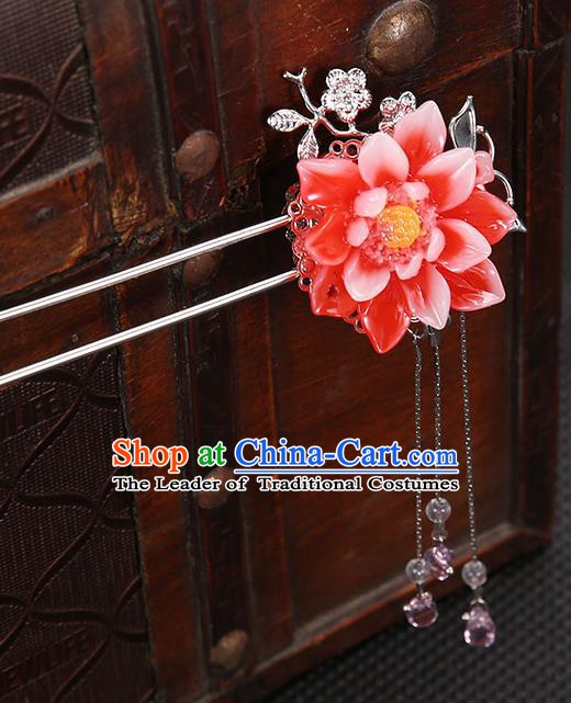 Handmade Asian Chinese Classical Hair Accessories Red Flower Hair Clip Ancient Hanfu Hairpins for Women