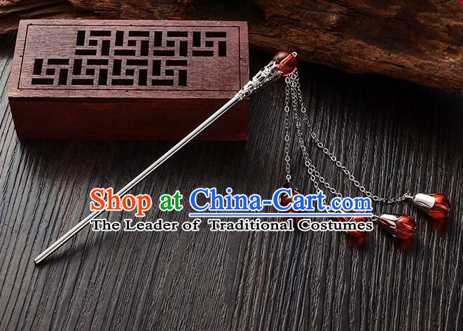 Handmade Asian Chinese Classical Hair Accessories Red Crystal Beads Tassel Hairpins Hanfu Step Shake for Women