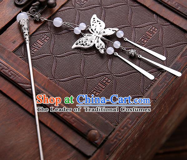 Asian Chinese Handmade Classical Hair Accessories White Beads Butterfly Tassel Hair Clip Hanfu Hairpins for Women
