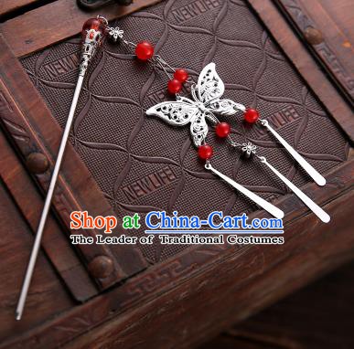 Asian Chinese Handmade Classical Hair Accessories Red Beads Butterfly Tassel Hair Clip Hanfu Hairpins for Women